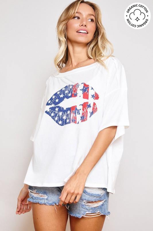 Brand: Ces Femme - Patriotic American Flag Lips Organic Cotton Tee -  American Flag, boxy tee, Featured, Lounge, Loungewear, Made in America, made in usa, oversized, Patriotic, Shirt, soft, Summer, t-shirt, Wardrobe Essentials, White, Women, Women's Clothing - Classy Cozy Cool Boutique