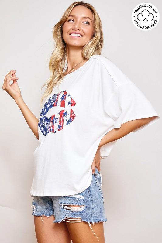 Brand: Ces Femme - Patriotic American Flag Lips Organic Cotton Tee -  American Flag, boxy tee, Featured, Lounge, Loungewear, Made in America, made in usa, oversized, Patriotic, Shirt, soft, Summer, t-shirt, Wardrobe Essentials, White, Women, Women's Clothing - Classy Cozy Cool Boutique