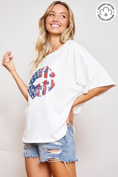 Brand: Ces Femme - Patriotic American Flag Lips Organic Cotton Tee -  American Flag, boxy tee, Featured, Lounge, Loungewear, Made in America, made in usa, oversized, Patriotic, Shirt, soft, Summer, t-shirt, Wardrobe Essentials, White, Women, Women's Clothing - Classy Cozy Cool Boutique