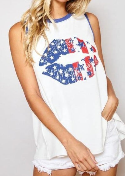 Patriotic American Flag Lips Tank | Ces Femme TT3684 | Made in USA | Classy Cozy Cool Women’s Clothing Boutique