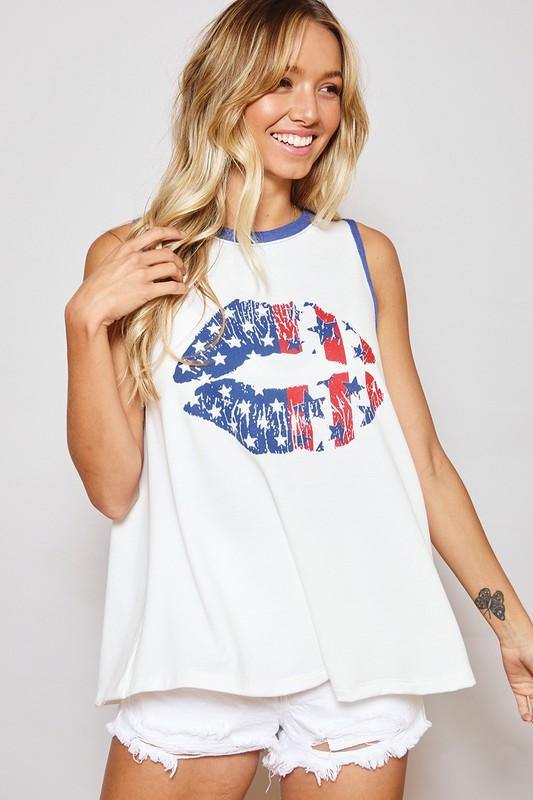 Brand: Ces Femme - Patriotic American Flag Lips Tank -  4th of July, American Flag, beach, Beach Wear, Featured, Lounge, Loungewear, Made in America, made in usa, Patriotic, Shirt, Sleeveless, soft, Summer, Tank Top, Women, Women's Clothing - Classy Cozy Cool Boutique
