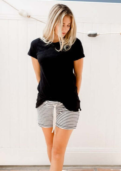 Sleepaholik Ladies Striped Paralux Shorts. Made in USA with Vintage French Terry Fabric that is also Made in the USA. Classy Cozy Cool Boutique