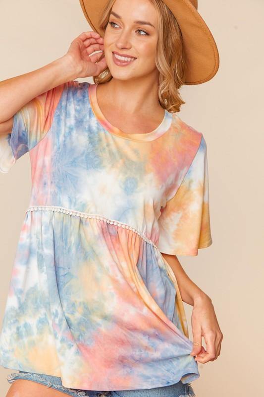 Brand: Haptics - TIE DYE BABY DOLL FLUTTER RUFFLE SLEEVE -  beach, Beach Wear, Best Dressed, Blouse, BoHo, Clothes, Featured, made in usa, Plus, Shirt, soft, Spring, Summer, vacation, Women, Women's Clothing - Classy Cozy Cool Boutique