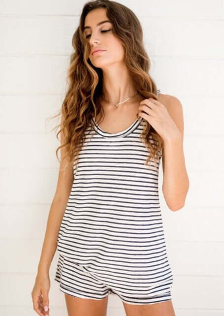 Sleepaholik French Terry Navy Striped Ladies Sleep Tank Top Made in USA with Fabric that is Made in USA! New Trendy Light & Luxurious Loungewear Line! 