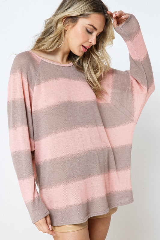 Made in America Mauve & Taupe Striped Spring Long Sleeve Top | Proudly made in USA | Lightweight Knit, Oversized, Round Neckline, Dolman Sleeves, Material is Stretchy | Classy Cozy Cool Boutique