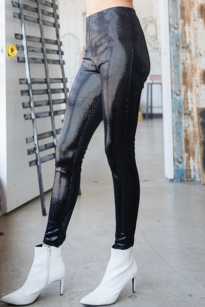 Brand: Bucket List | Style: P5020 | Velvet Stretch Sequin Slim Black Leggings | Made in USA & Sold by Classy Cozy Cool Women's Clothing Boutique