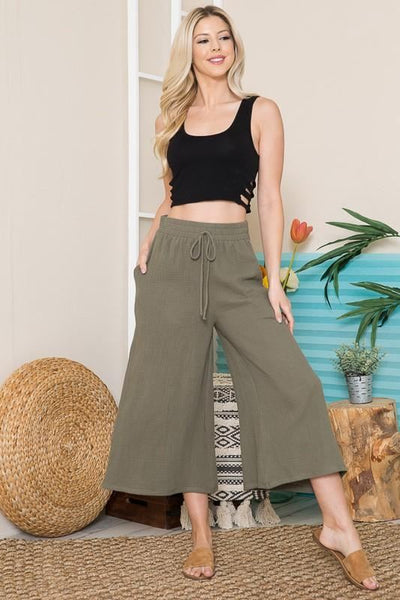 Brand: Orange Farm Clothing - Olive Wide Leg Cotton Cropped Pants -  Bohemian, BoHo, Clothes, Cotton, Cropped, Made in America, made in usa, Olive Green, Pants, Spring, Summer, Wardrobe Essentials, Wide Leg, Women - Classy Cozy Cool Boutique