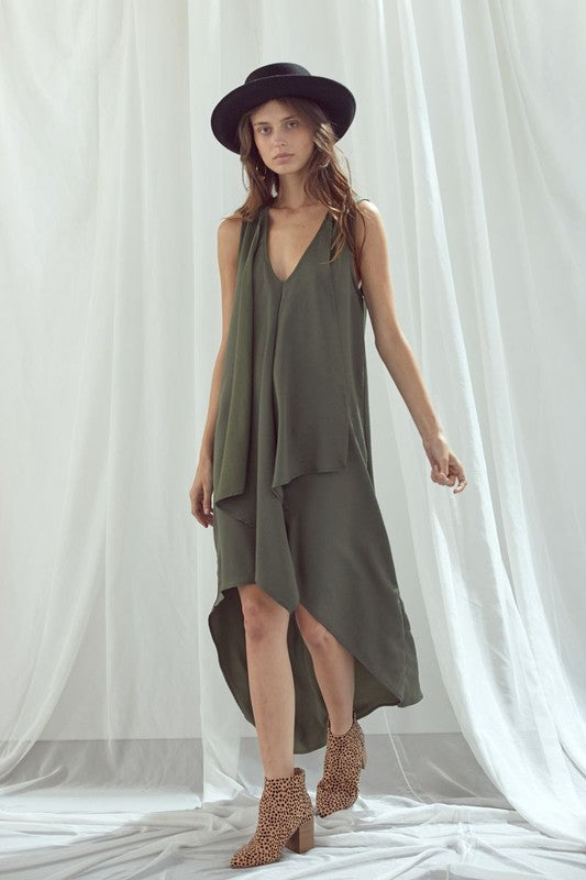 Jade by Jane | Army Green V-Neck Draped Sleeveless High Low Dress |  Women's Fashion Made in the USA | Classy Cozy Cool Boutique: where everything is made in America