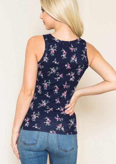 Back View Navy Blue Ladies Floral Print Rib Knit Tank Top | Made in USA | Classy Cozy Cool Women's Clothing Boutique