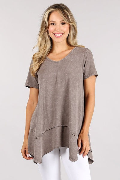 Mocha Shark Bite Hem Casual Tee proudly Made in USA.  Everyday casual basic top with raw edge detail and garment treated. Classy Cozy Cool Women's Boutique