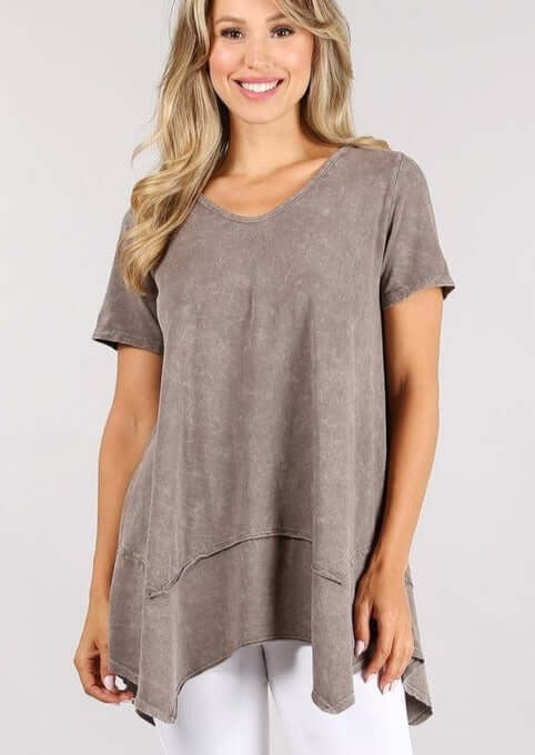 Mocha Shark Bite Hem Casual Tee proudly Made in USA.  Everyday casual basic top with raw edge detail and garment treated. Classy Cozy Cool Women's Boutique