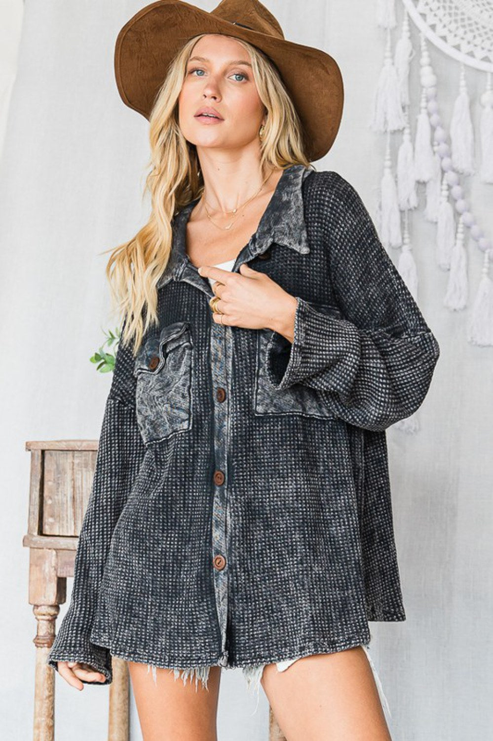Brand: Bucket List | Vintage Wash Charcoal Black Button Down Waffle Knit Shacket | Style # T1504 | Made in USA | Classy Cozy Cool Women’s Clothing Boutique