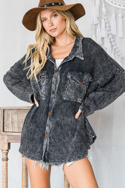 Brand: Bucket List | Vintage Wash Charcoal Black Button Down Waffle Knit Shacket | Style # T1504 | Made in USA | Classy Cozy Cool Women’s Clothing Boutique