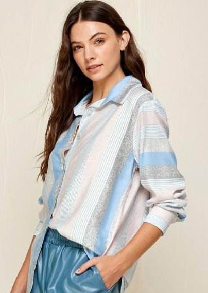 Brand: If She Loves | Blue Striped Dreamland Malawi Shirt | Style ISJ1163 | Made in USA & Sold by Classy Cozy Cool Women's Clothing Boutique