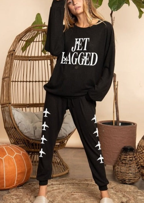 Jet Lagged Graphic Lounge Top & Joggers | This adorable outfit perfect for the airport and the plane when traveling.  | Classy Cozy Cool | Made in USA