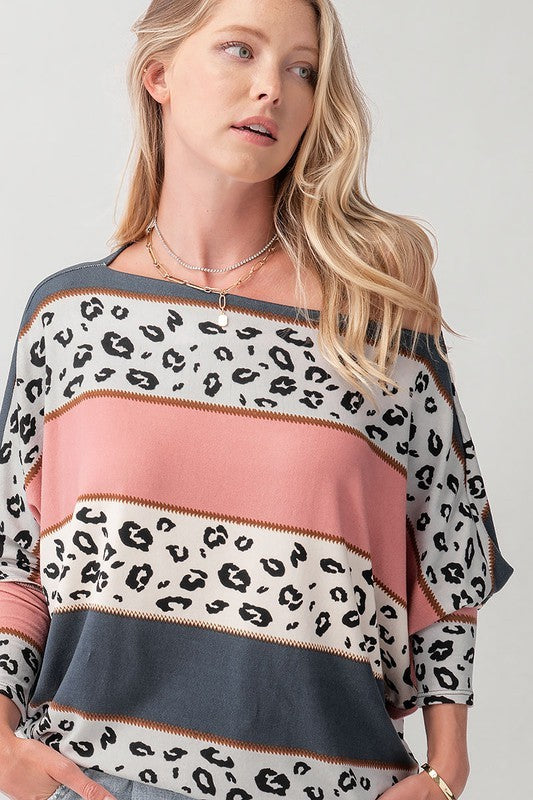 USA Made Mauve & Gray Be Bold Mixed Media Leopard Print Color Block Off the Shoulder Top | Made in USA Adorable dolman sleeve top - so versatile. Classy Cozy Cool Boutique