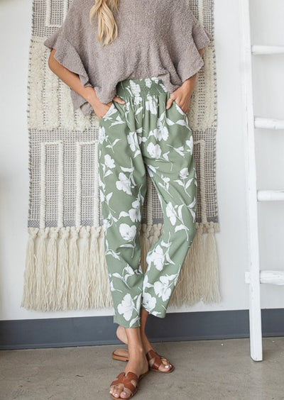 Made in USA | Brand: Bucket List | Floral Print Smocked waist Pants With Pockets - Style P5059 | Classy Cozy Cool Women's Clothing Boutique