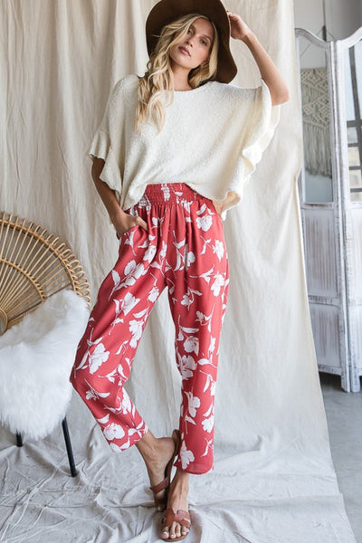 Coral Floral Print Pants | Made in USA | Brand: Bucket List | Floral Print Smocked waist Pants With Pockets - Style P5059 | Classy Cozy Cool Women's Clothing Boutique