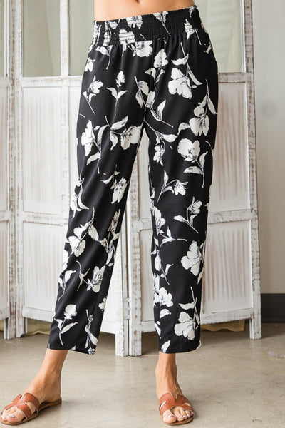Black & White Floral Print Pants | Made in USA | Brand: Bucket List | Floral Print Smocked waist Pants With Pockets - Style P5059 | Classy Cozy Cool Women's Clothing Boutique