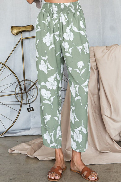 Sage Green Floral Print | Made in USA | Brand: Bucket List | Floral Print Smocked waist Pants With Pockets - Style P5059 | Classy Cozy Cool Women's Clothing Boutique