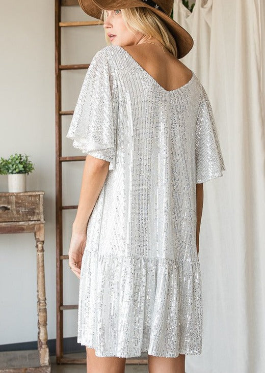 Bucket List Sequins Flutter Sleeve Mini Party Dress Style# D3054 | Perfect for a White Party | Made in USA | Classy Cozy Cool Women's American Boutique