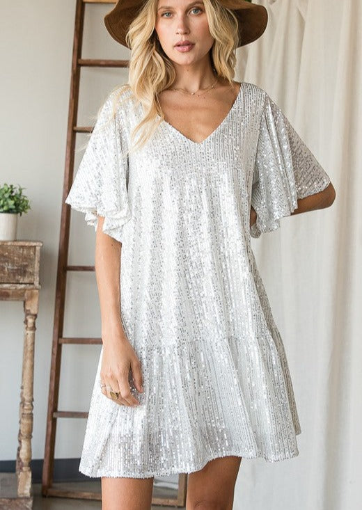 Bucket List Sequins Flutter Sleeve Mini Party Dress Style# D3054 | Perfect for a White Party | Made in USA | Classy Cozy Cool Women's American Boutique