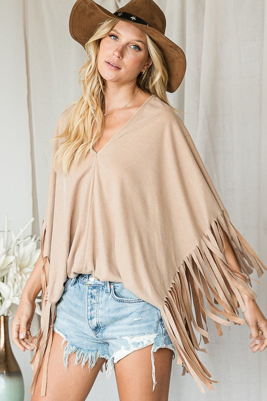 Brand: Bucket List | Fringe Detail Oversized Top | Style # T1493A | Made in USA | Classy Cozy Cool Women’s Clothing Boutique