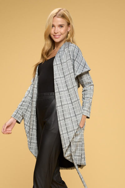 Renee C Plaid Open Front Cardigan Jacket with Tie | Made in USA | Wrap Cape Design, Tie Belt, Side Pockets, Open Front, Gray Plaid | Classy Cozy Cool Women's Clothing Boutique