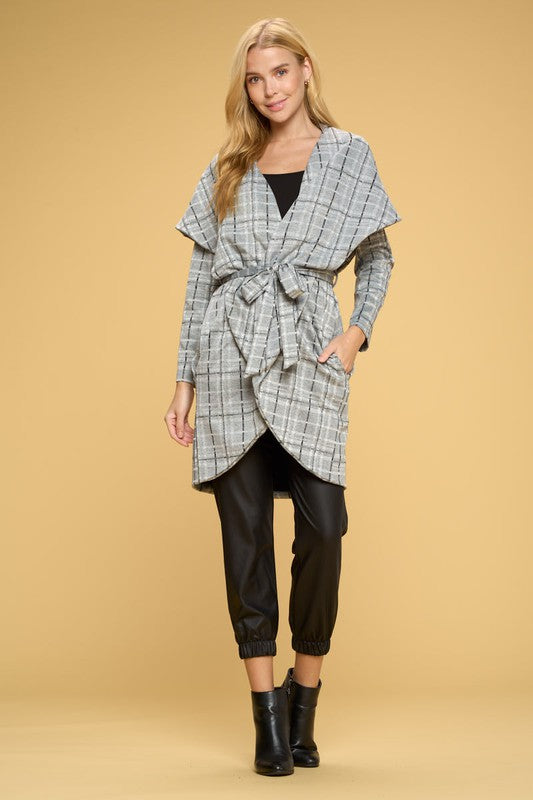 Renee C Plaid Tie Front Cardigan Jacket | Made in USA | Wrap Cape Design, Tie Belt, Side Pockets, Open Front, Gray Plaid | Classy Cozy Cool Women's Clothing Boutique