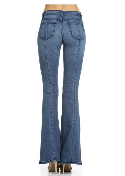 Rumor Has It Front Seam Flared Denim Jeans Medium Wash | O2 Denim Style PF3023 | Made in the USA | Classy Cozy Cool Women’s Clothing Boutique