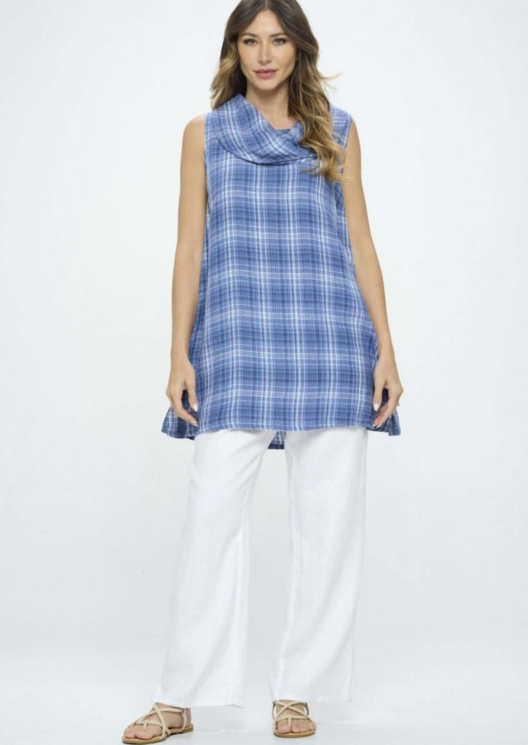 USA Made 100% Linen Ladies Sleeveless Cowl Neck Blue Plaid Tunic | Match Point Style ELT467 | Classy Cozy Cool Women's Made in America Boutique