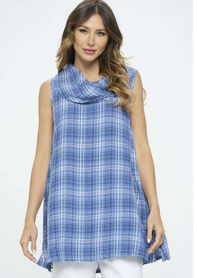 USA Made 100% Linen Ladies Sleeveless Cowl Neck Blue Plaid Tunic | Match Point Style ELT467 | Classy Cozy Cool Women's Made in America Boutique