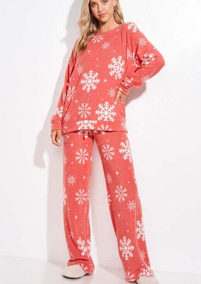USA Made Red Snowflake Christmas Super Soft Loungewear Pajama Set | Proudly Made in the USA | Classy Cozy Cool Women's Made in America Fashion Boutique