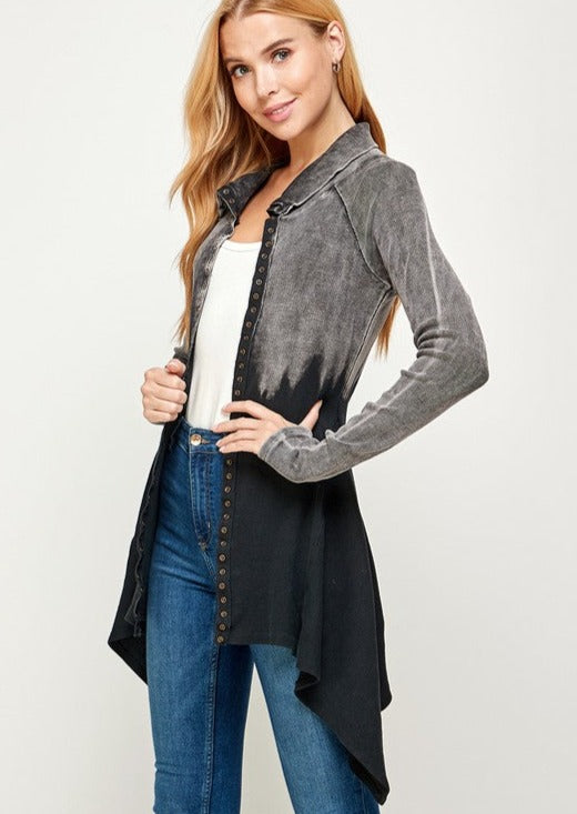 USA Made Mineral Washed Snap Button Down Fitted Cotton Jacket by Urban X | This Jacket Features an Asymmetrical Hemline | Classy Cozy Cool Boutique