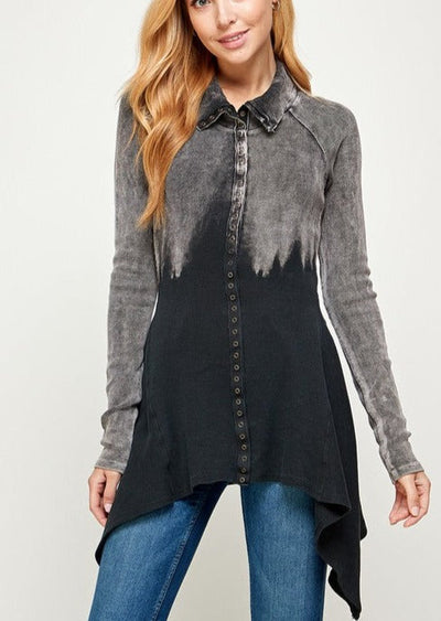 USA Made Mineral Washed Snap Button Down Fitted Cotton Jacket by Urban X | This Jacket Features an Asymmetrical Hemline | Classy Cozy Cool Boutique