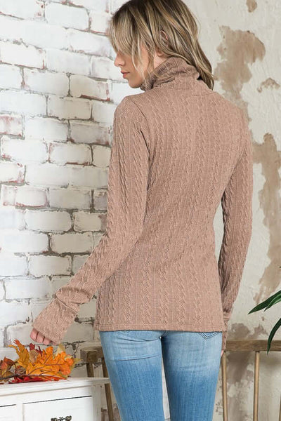 USA Made Tan Stretch Cable Knit Sweater with Thumb Holes | Classy Cozy Cool Women's Clothing Boutique