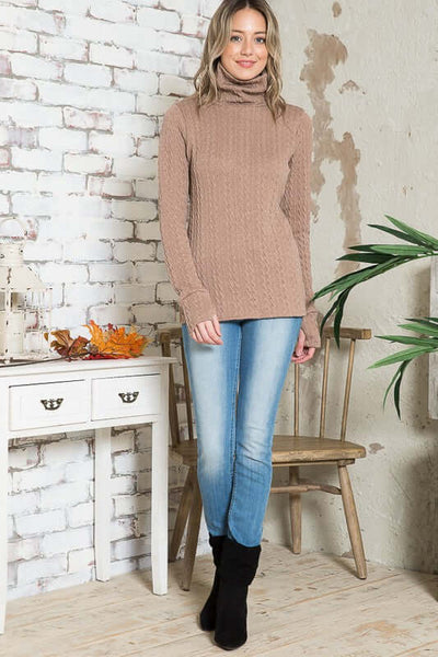 USA Made Tan Stretch Cable Knit Sweater with Thumb Holes | Classy Cozy Cool Women's Clothing Boutique