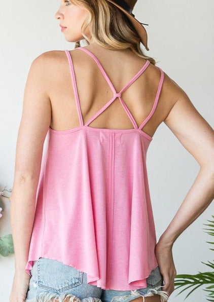 Pink Strappy Crossed Back Soft Flowy Ladies Tank Top  | Brand: Bucket List | Style # T1714 | Made in USA | Classy Cozy Cool Women’s Clothing Boutique