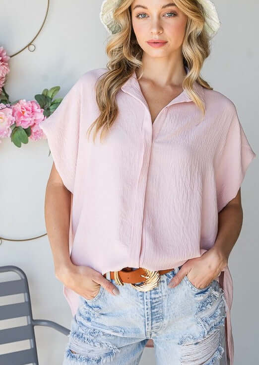 Light Pink Bucket List Style T1702 Ladies Button Down Hidden Placket High Low Top | Made in USA | This top can be worn with anything. | Classy Cozy Cool Boutique