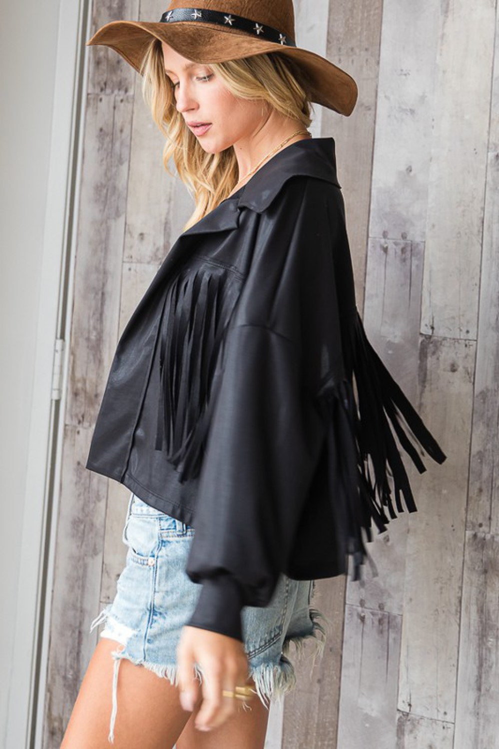 Bucketlist Brand Clothing | Brand: Bucket List | Fringe Detail Black Open Front Cropped Jacket Style # T1548A  | Made in USA | Classy Cozy Cool Women's Clothing Boutique