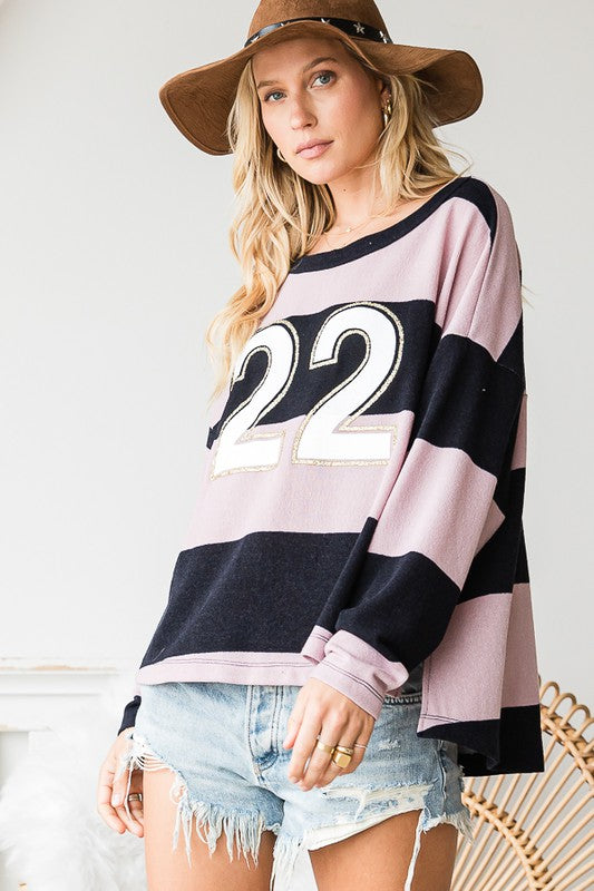 USA Made Color Block 22 Striped Long Sleeve Top | Bucket List | Cute Black & Mauve Game Day Style Relaxed Fit Top | Classy Cozy Cool Women's Boutique