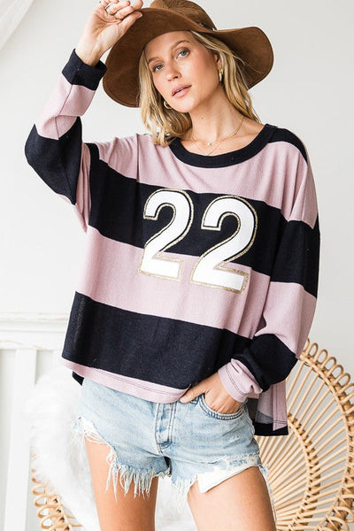 USA Made Color Block 22 Striped Long Sleeve Top | Bucket List | Cute Black & Mauve Game Day Style Relaxed Fit Top | Classy Cozy Cool Women's Boutique