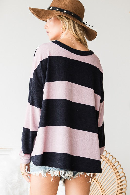 Back View USA Made Color Block 22 Striped Long Sleeve Top | Bucket List | Cute Black & Mauve Game Day Style Relaxed Fit Top | Classy Cozy Cool Women's Boutique