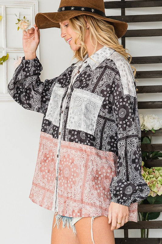 Made in USA | Brand: Bucket List | Bandana Print Button Down Cotton Women's Blouse | Style # T1596 | Made in America Ladies Clothing