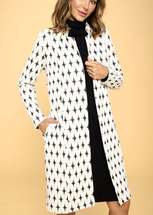 Renee C Knit Jacquard Open Coat Jacket | Proudly Made in USA | Beautiful Design -Medium Weight - Side Pockets - Open Front - Colors: Black & Cream | Classy Cozy Cool Women's Clothing Boutique
