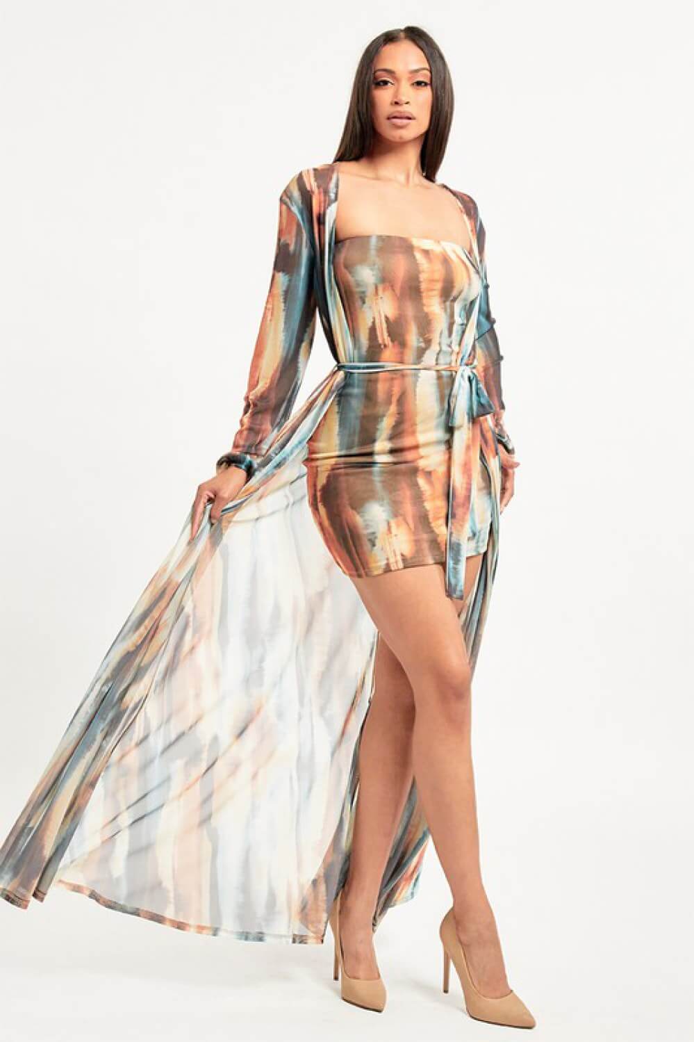 Made in USA | Vacation Dress | Turquoise & Rust Color Blend Dyed 2pc Mini Dress & Mesh Duster Set | Classy Cozy Cool Women's Clothing Boutique