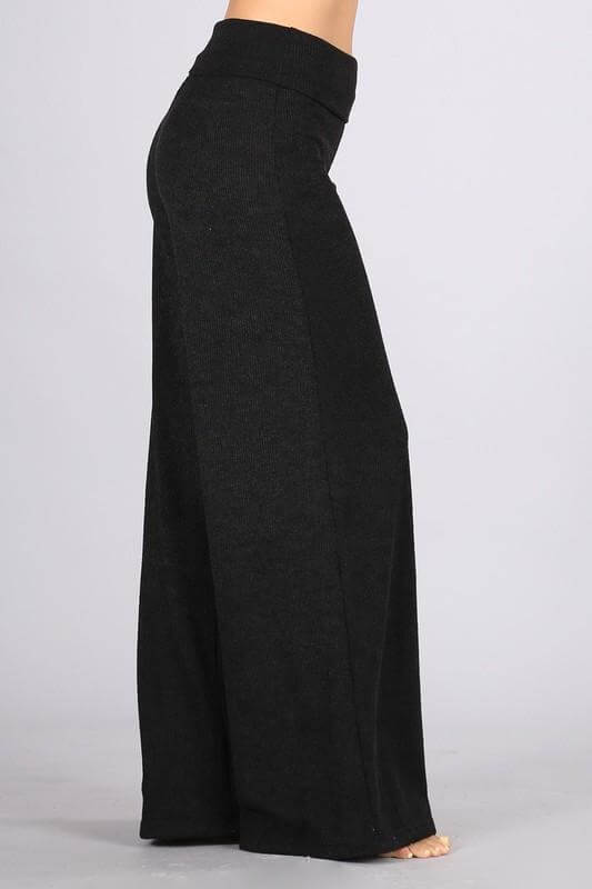 Chatoyant Sleek Hacci Mélange Sweater Knit Pants with Fold Over Waist Band Style# C30668 | Made in USA | Classy Cozy Cool Women's Clothing Boutique