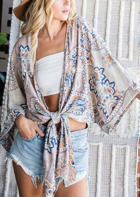 Bohemian Inspired Tie Front Draped Silhouette Kimono  | Bucket List | Style # T1362 | Made in the USA | Classy Cozy Cool Women’s Clothing Boutique