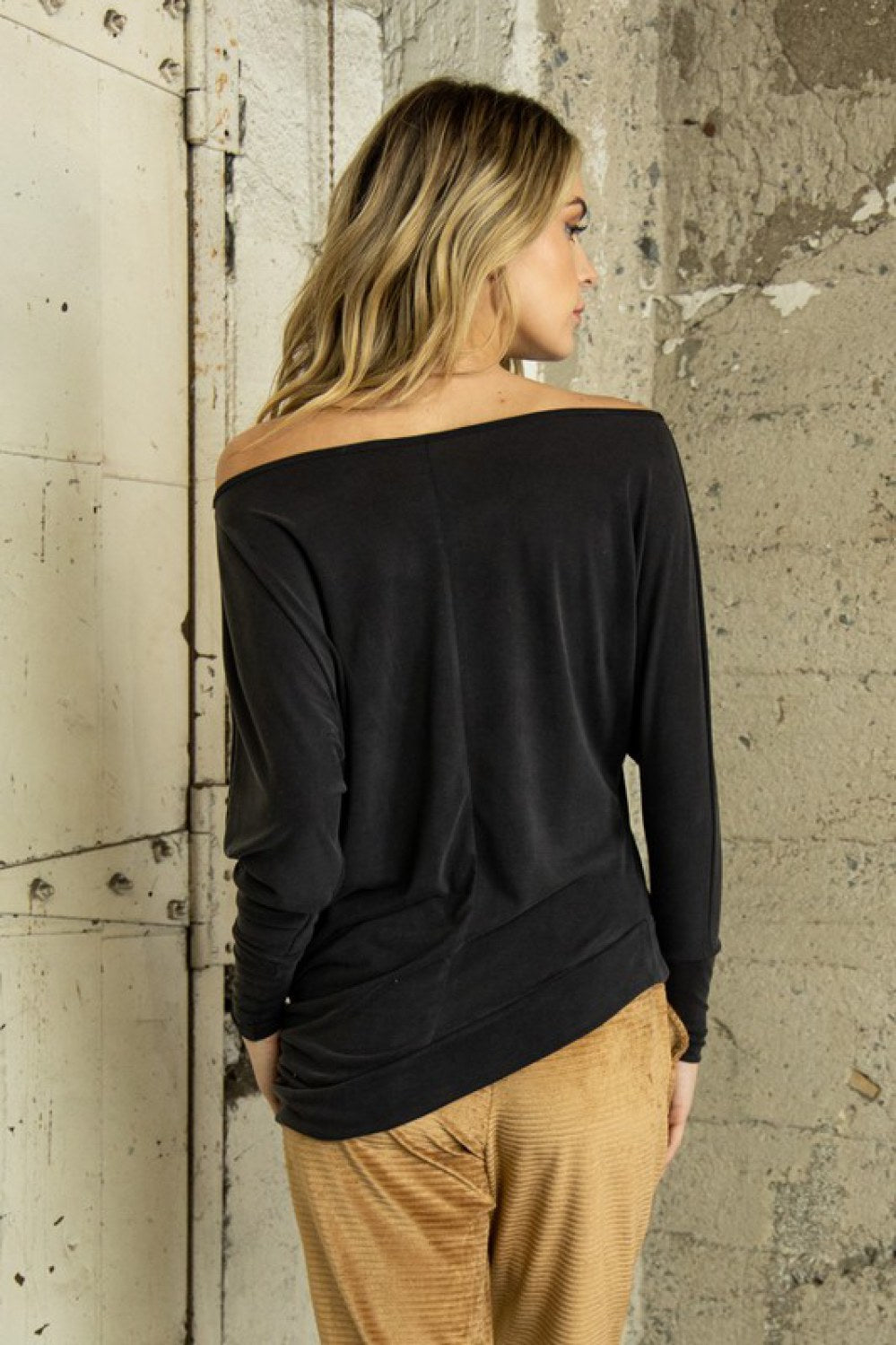 Cupro Asymmetric Top with Shirring Detail in Black | Made in USA | Off the Shoulder | Classy Cozy Cool Women's American Clothing Boutique