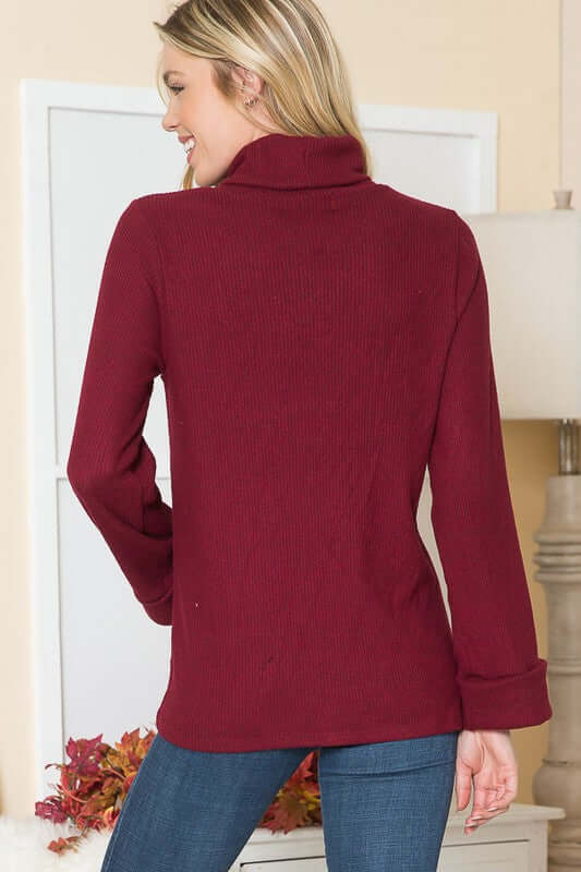 2-Tone Burgundy Orange Farm Clothing Lightweight Turtle Neck Brushed Rib Knit Sweater with Wide Sleeves | Classy Cozy Cool American Made Boutique